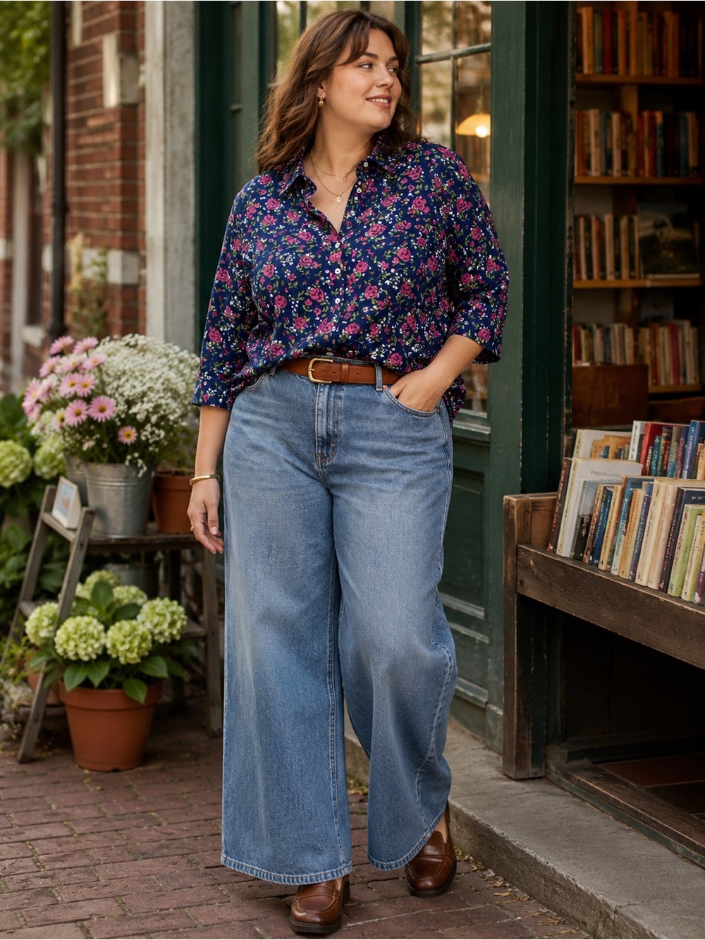 Chadwicks Plus Size 20W Cotton Floral Button Front Blouse Navy Rose 3/4 Sleeve